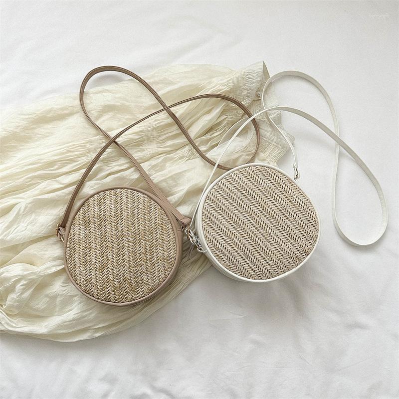 

Evening Bags Summer Shoulder Bag For Women Small Round Vacation Female Beach Straw Weaving Purse Handbag Ins Chic Crossbody, Beige