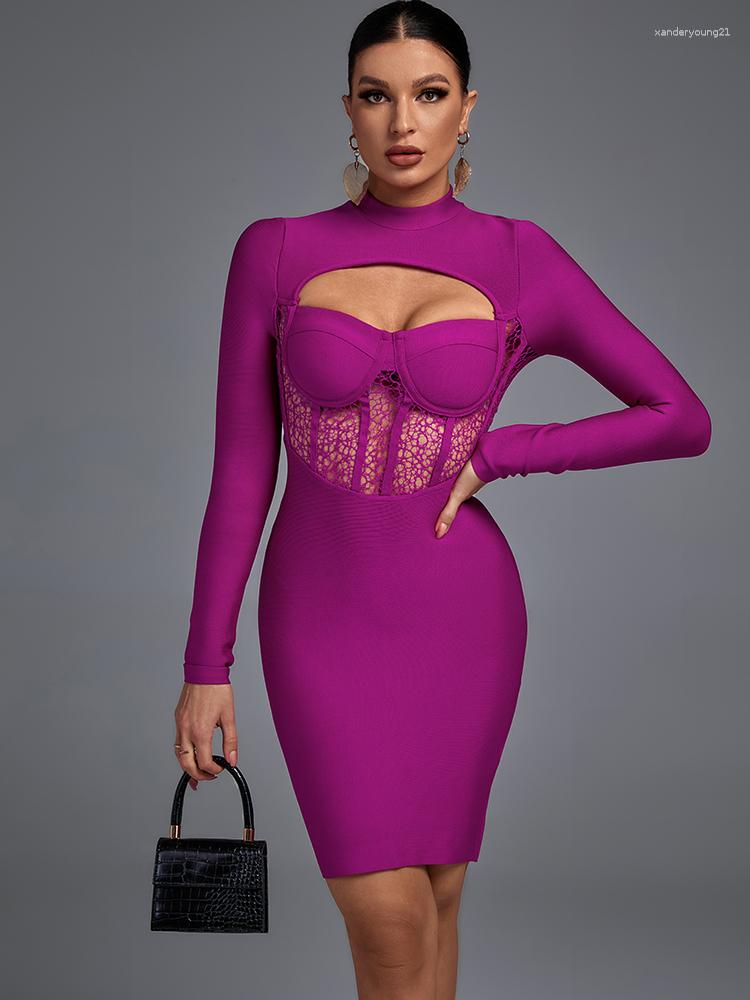 

Casual Dresses Lace Bandage Dress 2023 Women Long Sleeve Bodycon Elegant Sexy Cut Out Evening Party Summer Club Outfits, Fuchsia