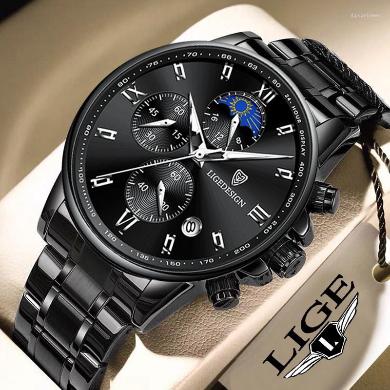 

Wristwatches LIGE Watch For Men Stainless Steel Chronograph Quartz Wrist Watches Waterproof Military Sports Male Clock, Silver blue l