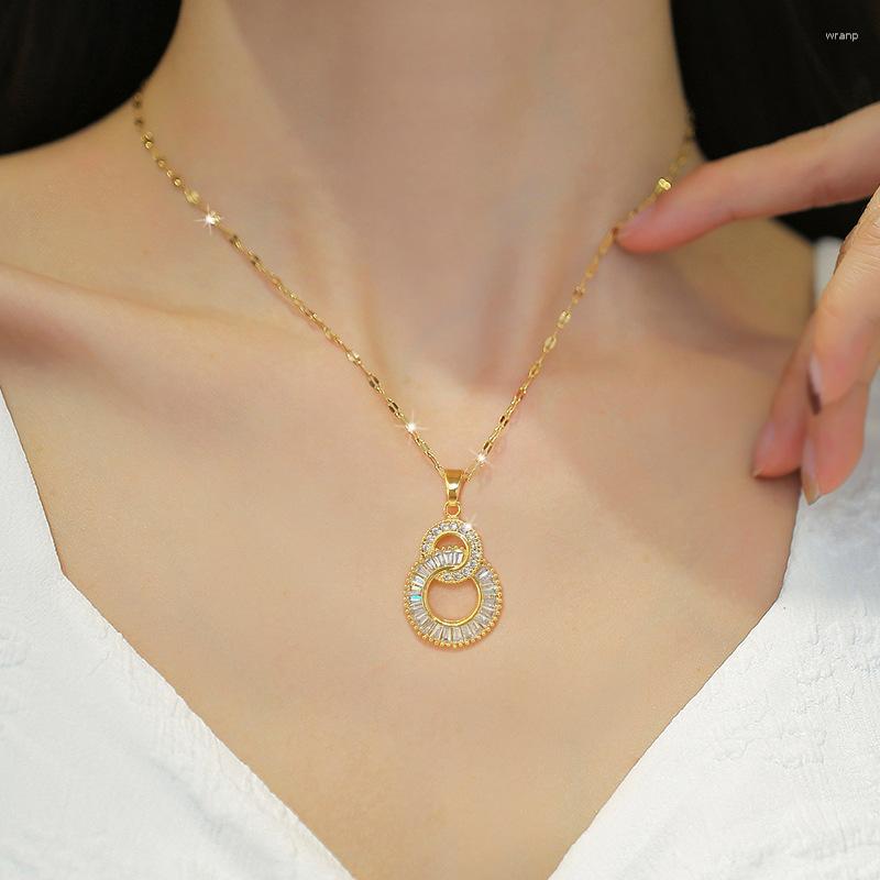 

Pendant Necklaces XiaoboACC Titanium Steel Double Ring Gold Plated Zircon Collar Chain Jewelry For Women