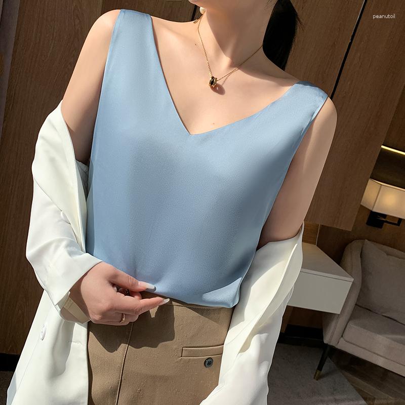 

Women's Tanks Women's Summer Silk Satin Wide Suspender With Front And Back V-Neckline Comfortable Smooth Sexy Charming Elegant Vest, Champagne