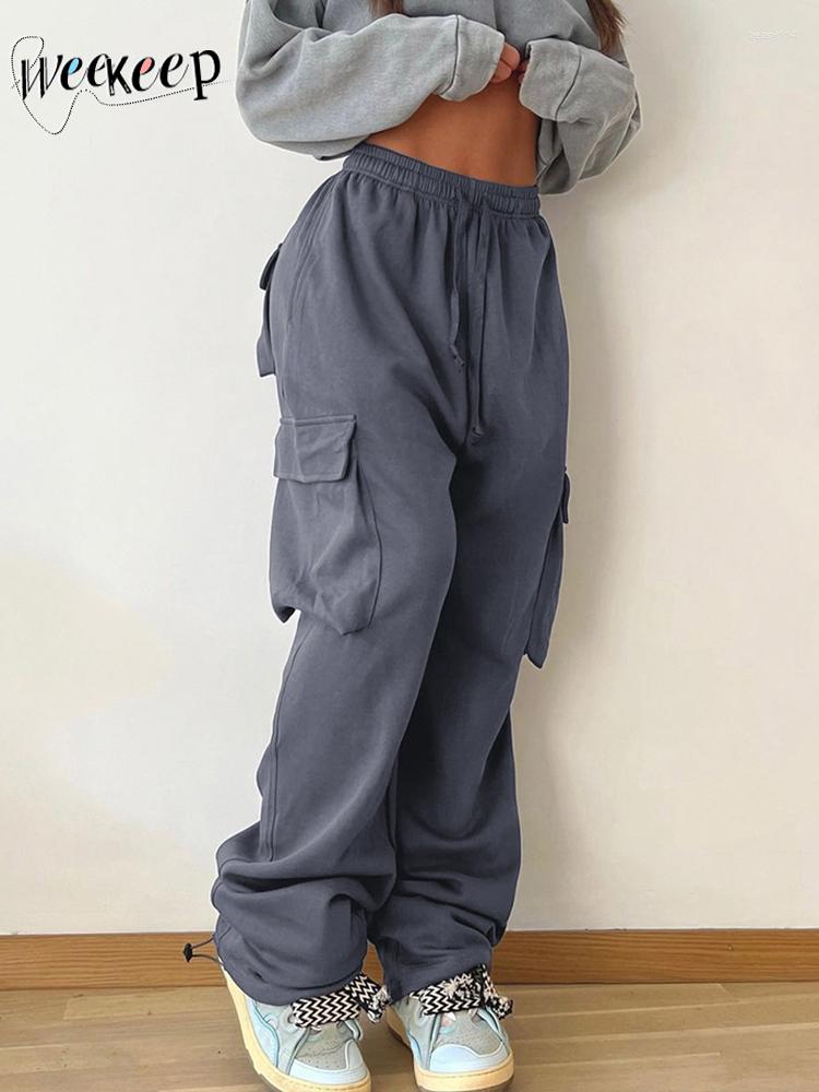 

Women' Pants Weekeep Streetwear Big Pocket Cargo Baggy Wide Leg Drawstring Sweatpants Korean Fashion Hip Hop Y2k Vintage Capris Casual, Gray