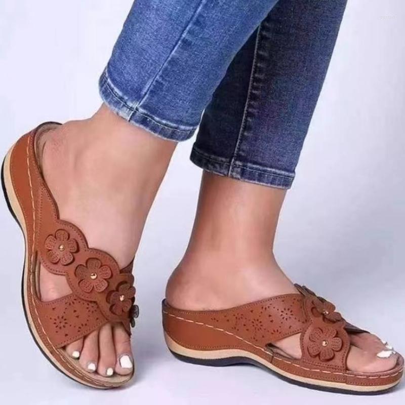 

Slippers Retro Flowers Female Round Head Casual Beach Wedges Platform Sandals Plus Size Vacation Shoes Sandalia Feminina, Brown