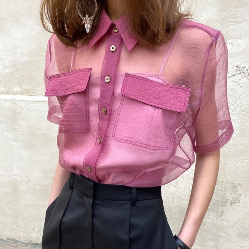 

Women's Blouses Clothland Women Elegant Transparent Blouse With Camis Two Piece Set See Through Shirt Sexy Summer Tops Mujer DA450, Black