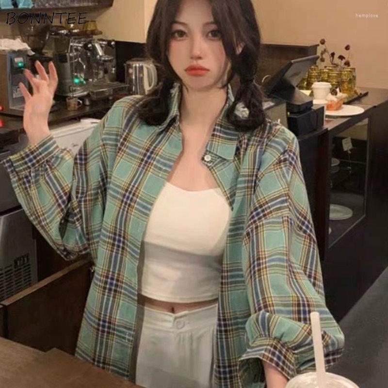 

Women' Blouses Plaid Shirts Women Vintage Casual Loose Long Sleeve Fashion Ulzzang Turn-down Collar All-match Daily Preppy Style Harajuku, Green