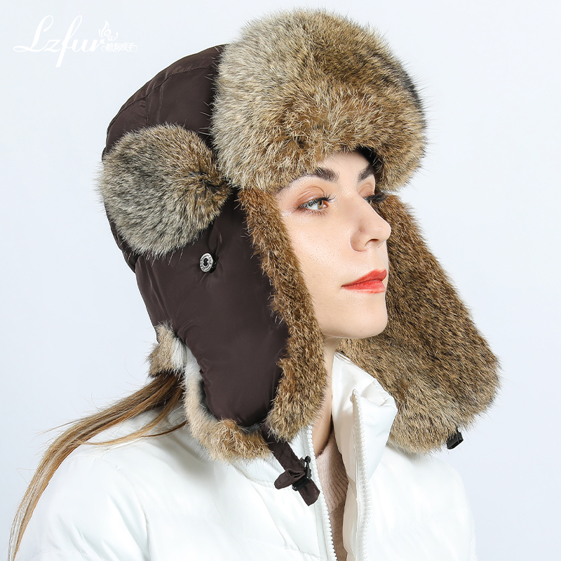 

Women's Real Rabbit Fur Hat Russia Ushanka Trapper Hinter Hat Earflap Snowboard Warm Ski Cap, Grey