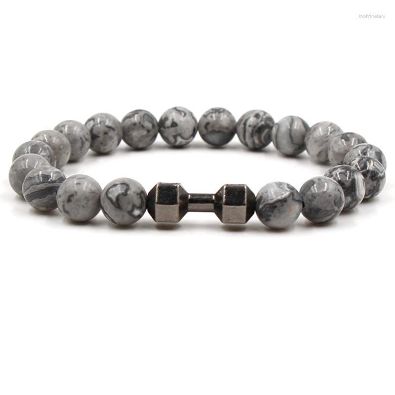 

Strand 3 Colors 8mm Gray Stone Beads Bracelets Dumbbell Charms Bracelet Buddha Yoga Strench Jewelry Gold Black