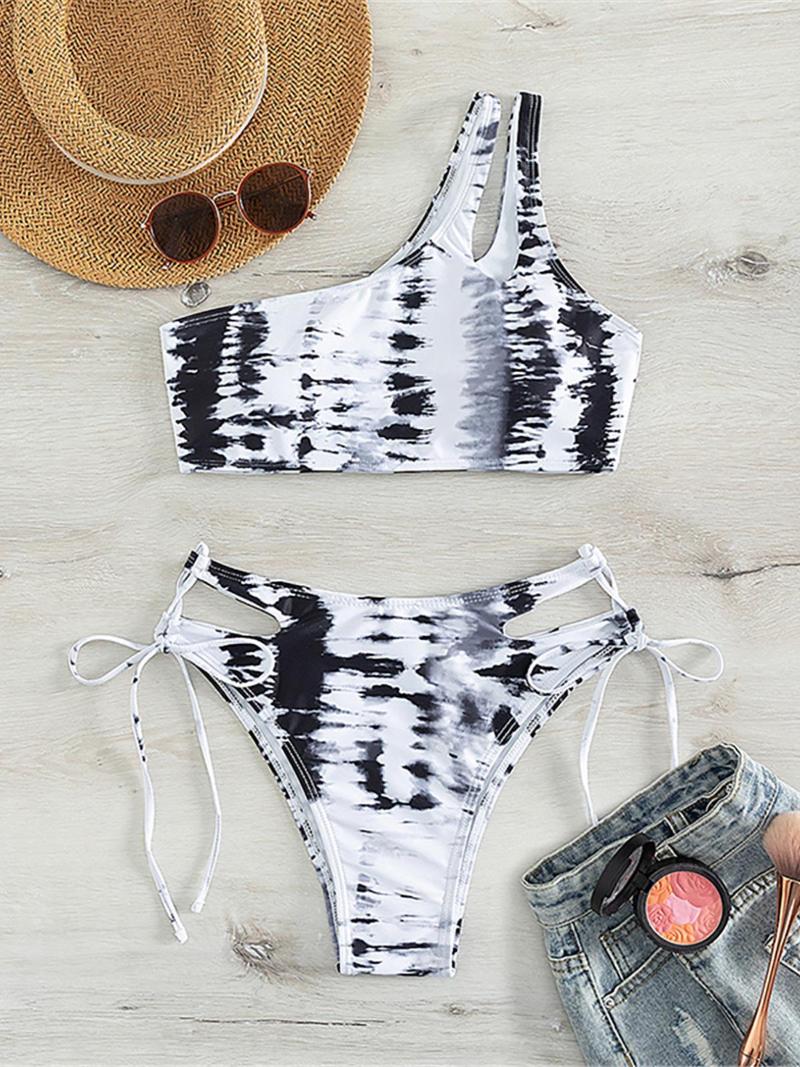 

Women' Swimwear Sexy Tie Dye One Shoulder Strappy Bikini Female Swimsuit Women Two-pieces Set Bather Bathing Suit Swim K4287, White