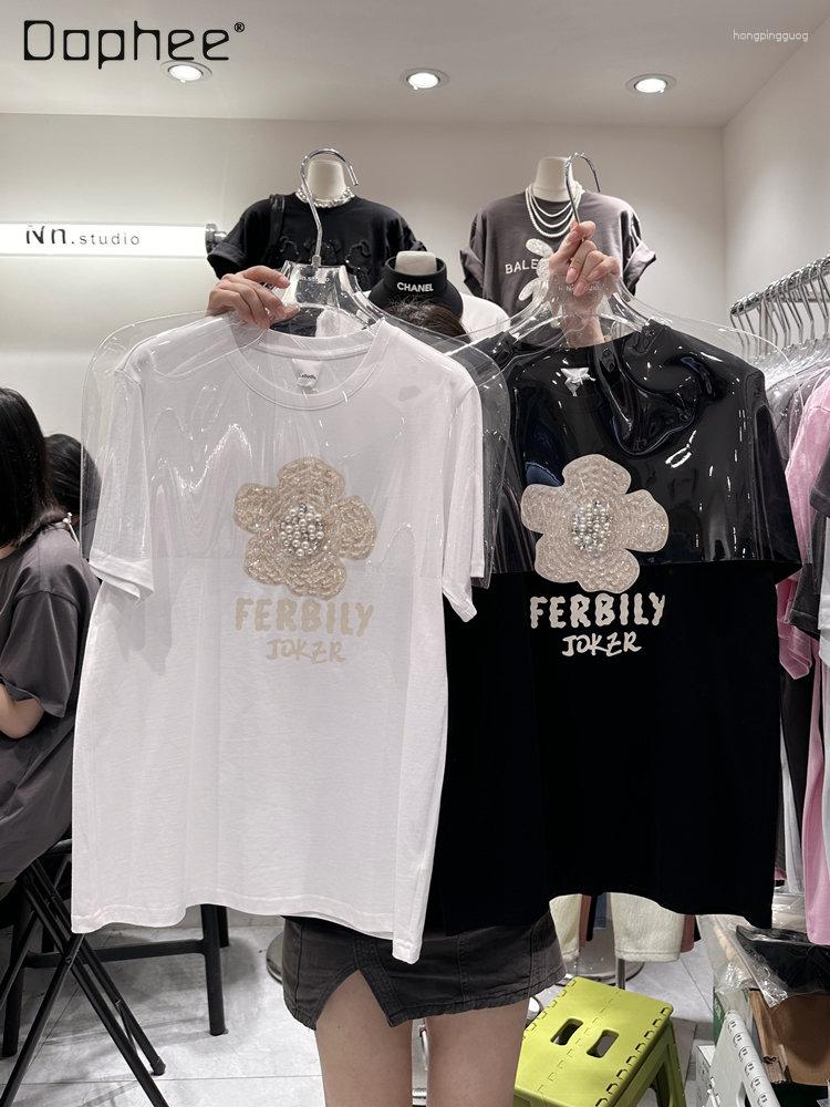 

Women's T Shirts Korean Style Cotton Round Neck Flower Embroidery Beads Top Female 2023 Summer Letter Print Short-Sleeve T-shirt For Women, Black