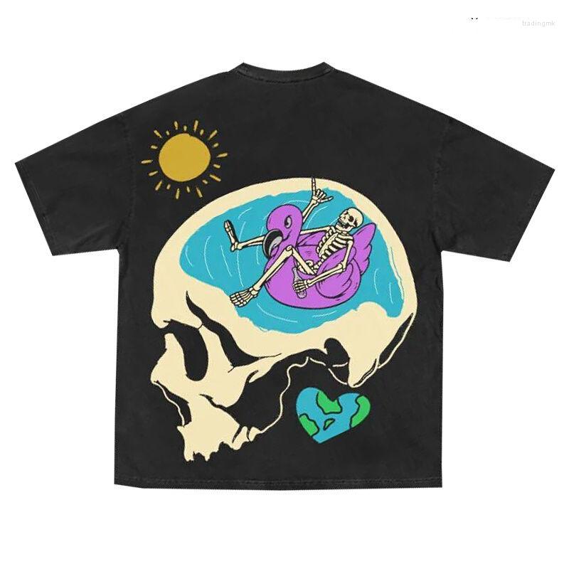 

Men' T Shirts Creative Skull Cartoon Design Sense Printing Hip-hop Street Short-sleeved T-shirt Men Y2k Loose Gothic Dark All-match O-neck, Beige