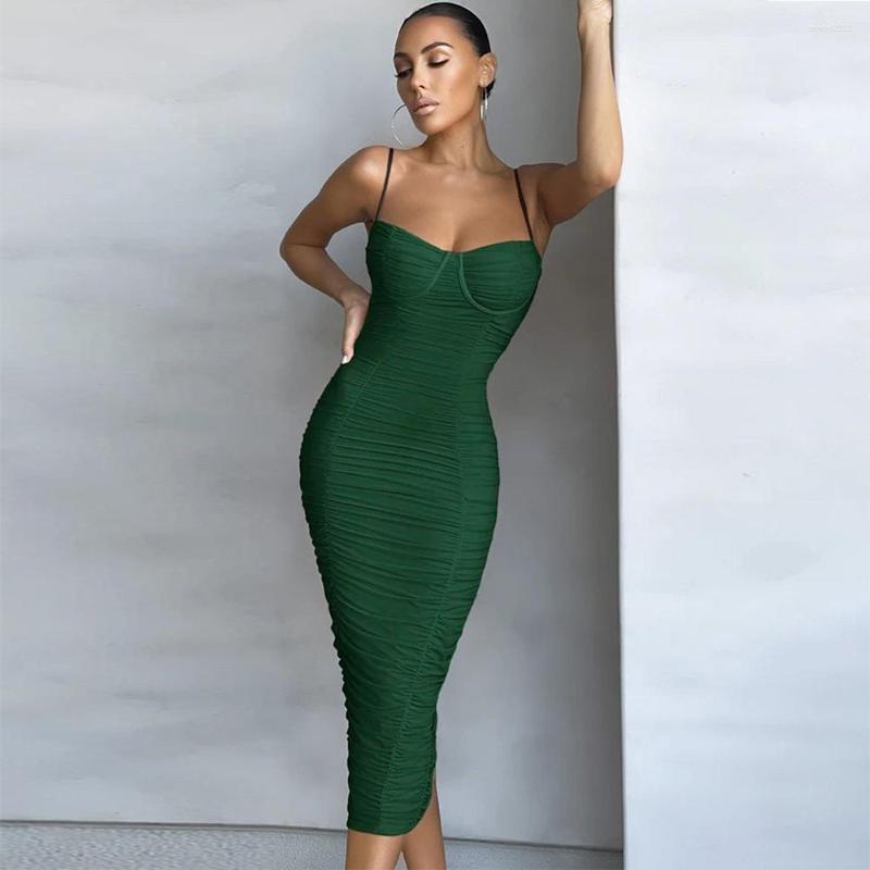 

Casual Dresses Mesh Draped Bandage Dress 2023 Arrival Midi Bodycon Women Summer Green Sexy Party Evening Club Outfits, Red