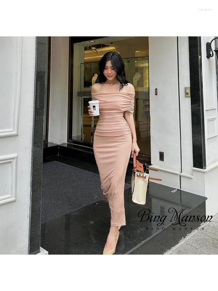 

Casual Dresses 2023 Spring/Summer Women's Off Shoulder Pleated Dress Slim Fit Split Bottom Birthday Evening Long, Red
