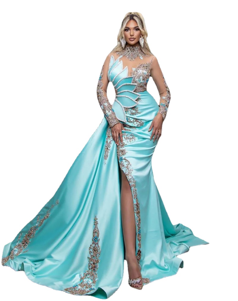 

Glamorous Lake Blue Evening Dresses High Illusion Long Sleeves Prom Dresses Rhinestones Side Split Long Women Formal Party Pageant Gowns Plus Size, Light sky blue