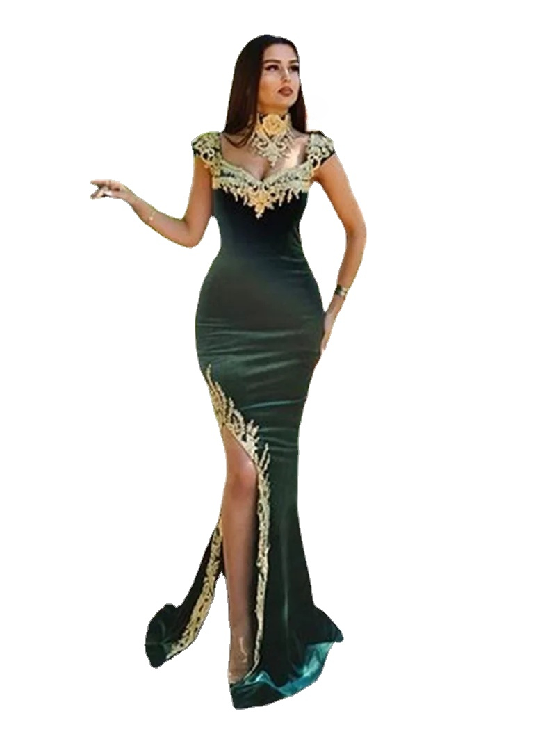 

vintage 4 Pieces Velvet Evening Dress Removable Skirt Arabic Split Prom Gowns Appliques Lace Tassel High Neck Algerian Outfit, Green
