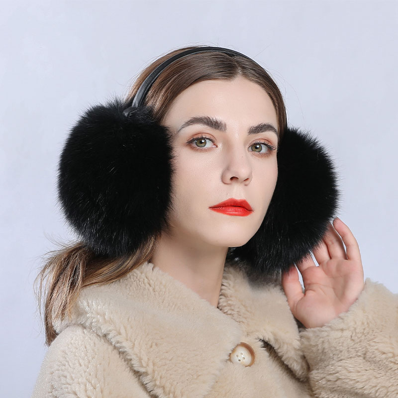 

Women Men Winter Warm Real Genuine Fox Fur Earmuffs Ear Protection Soft Ear Muff, Black