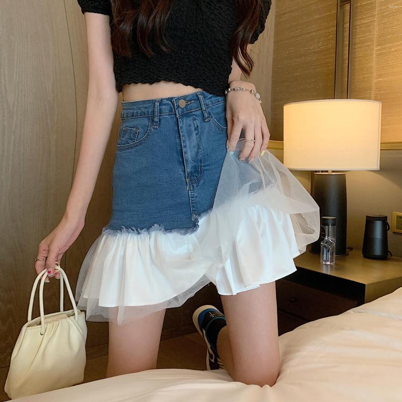 

Skirts Design Sense Niche Mesh Patchwork Puffy Skirt Summer Small Denim Women' Short, Blue