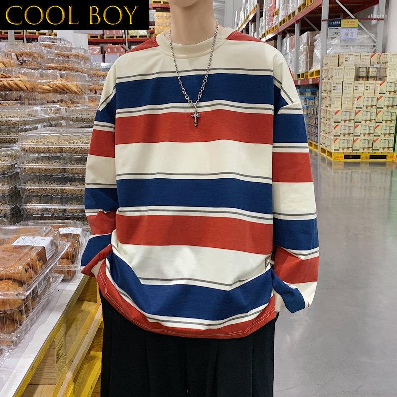 

Men's T Shirts E BOY Men Long Sleeve T-shirts Horizontal Striped Clothing Retro Teens Dynamic Students Japanese High Street Ulzzang Cozy, Blue