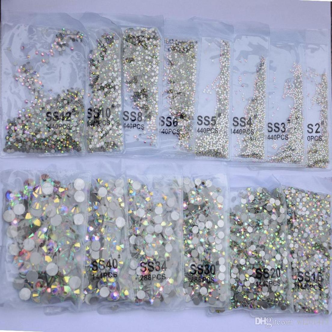 

SS3SS50 Crystal AB Flat Back Rhinestone 3D Glass nail Decoration mixed size Nails Stones Accessories1839522