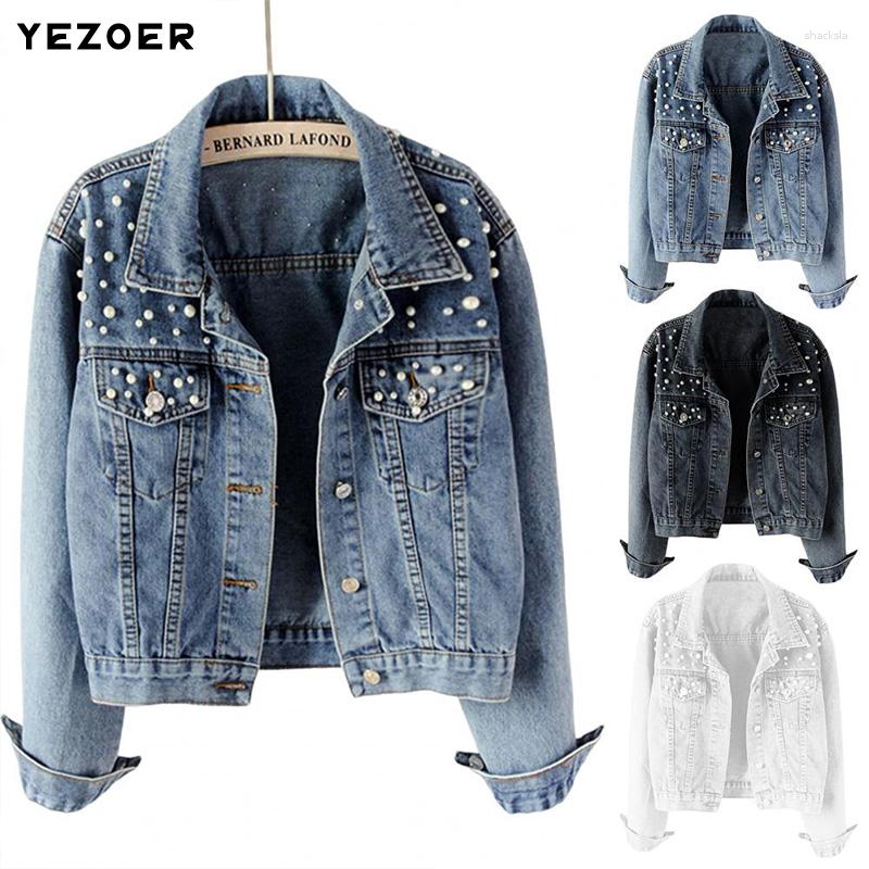 

Women's Jackets YEZOER Fashion Pearl Denim Coat Lapel Full-sleeve Single-breasted High Street 2023 Solid Color Loose Women's Top Jacket, Black jackets