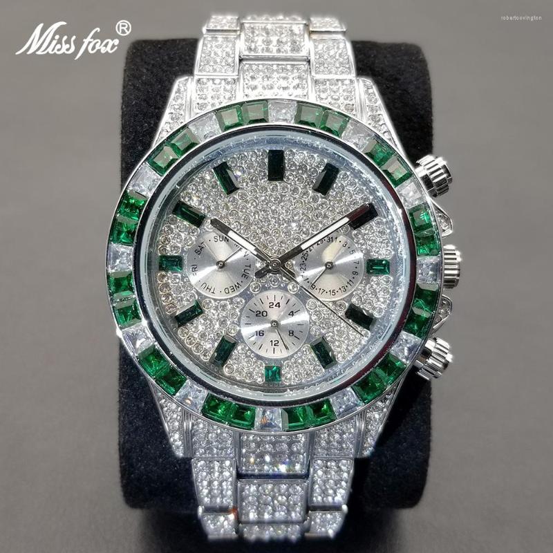 

Wristwatches MISSFOX Ice Out Wristwatch For Men Luxury Green Diamond Calendar Quartz Hip Hop Fashion Waterproof Man Clock 2023, V298 rose rainbow