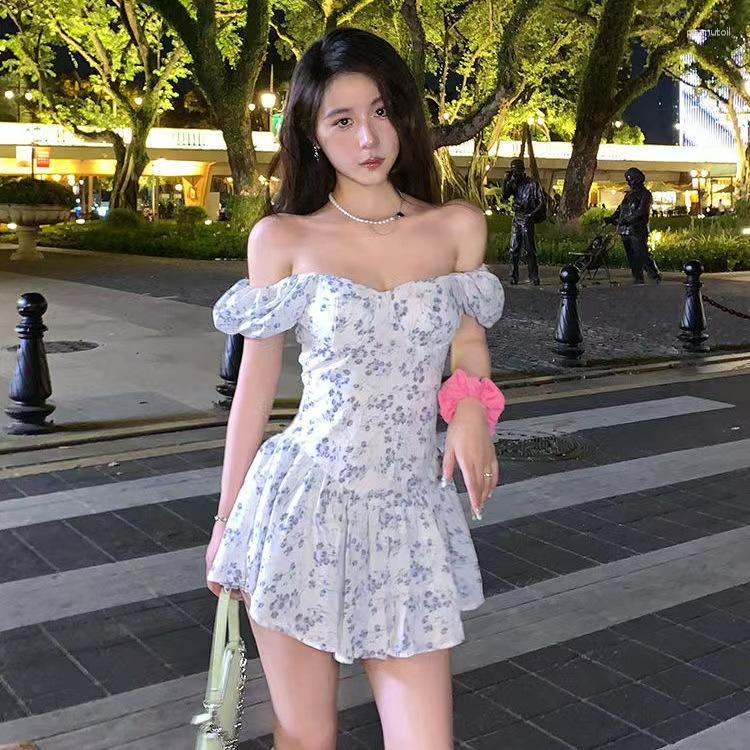 

Casual Dresses Purely Desired Bubble Sleeve Fragmented Flower Dress For Women' Summer French Waist Wrapped Off Shoulder Short Skirt, Rd