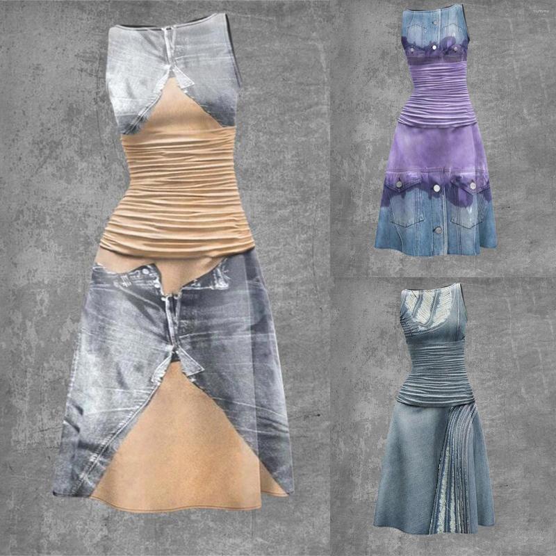 

Casual Dresses Women's Round Neck Sleeveless Splicing Print Fashion Dress Long Dressed For Women, Blue
