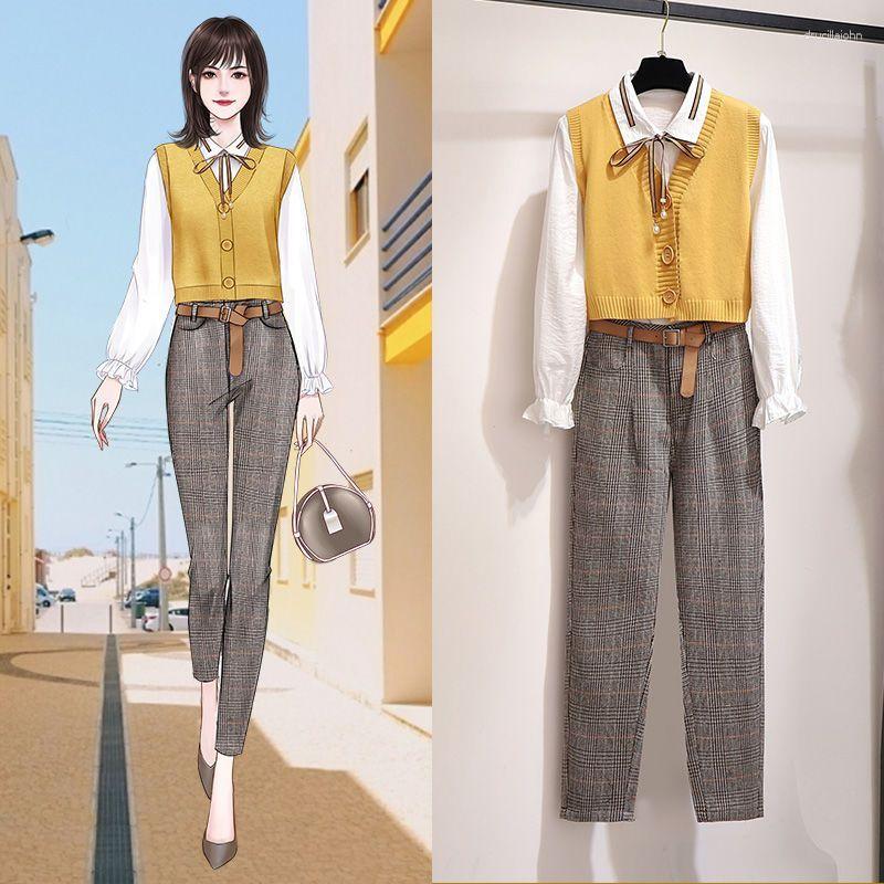 

Women's Two Piece Pants Light Mature Style Professional Spring Autumn Outfits 2023 Elegant Slim T-shirt Three Set For Women, Only yellow top