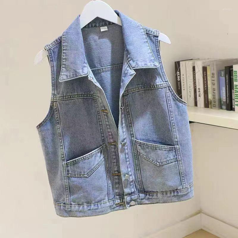 

Women' Vests Women' Denim Vest Blue Sleeveless Female Jacket Korean Slim Short Jeans Coat Single-breasted Waistcoat Summer Q242