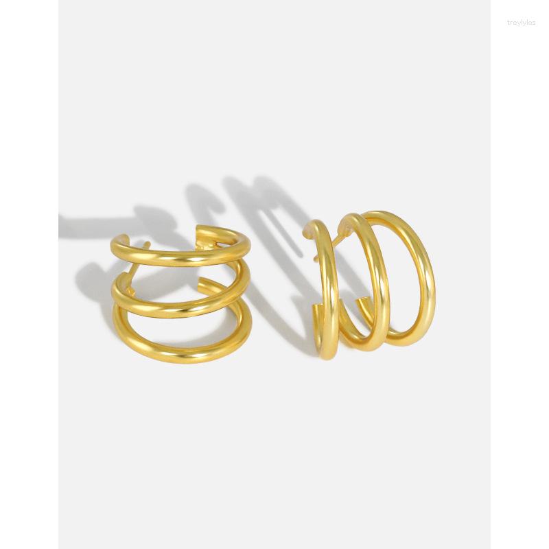 

Stud Earrings 18K Gold Authentic 925 Sterling Silver Three-Rows Line Multi-Layered FINE JEWELRY TLE2149