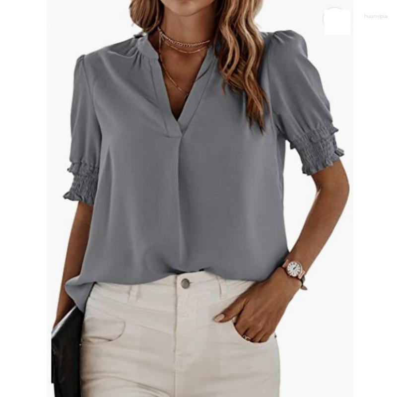 

Women' Blouses Casual Puff Short Sleeve Women Shirts Elegant V-neck Summer Fashion Loose Chiffon Blouse Solid Female Tops Blusas 24714, Blue