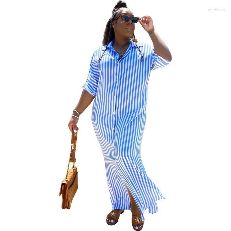 

Ethnic Clothing Casual Ladies Short Sleeve Shirt Long Dress Striped Print Elegant African Lapel Button Oversized Loose Robe Summer Vestido