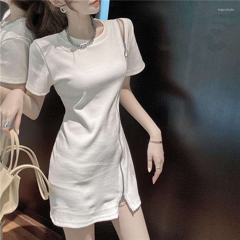 

Casual Dresses Xia Xinji Zipper Off-shoulder Top Women' Clothing Design Niche Mid-length Short-sleeved T-shirt Dress, Black