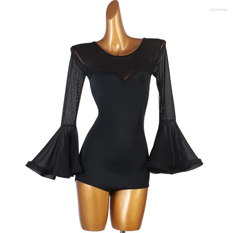 

Stage Wear Latin Dance Dress Sexy Black Long Sleeve Tops Shirts Women Ballroom Competition Dresses Costumes