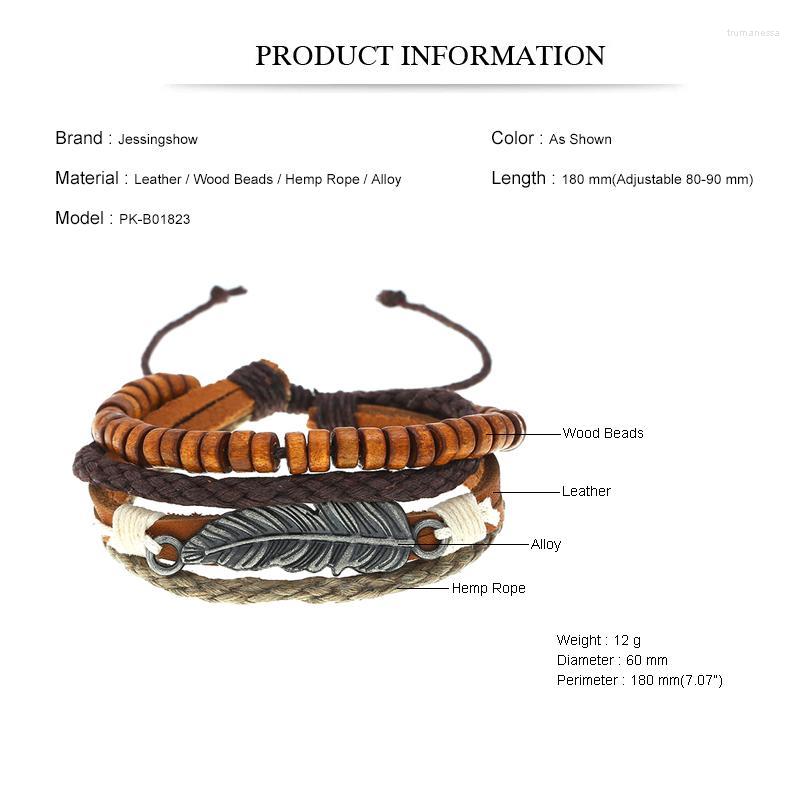 

Bangle Jessingshow Charm Rope Wood Beads Multilayer Leather Man Bracelet Beaded Alloy Feather Accessories Bangles Chain Raym22