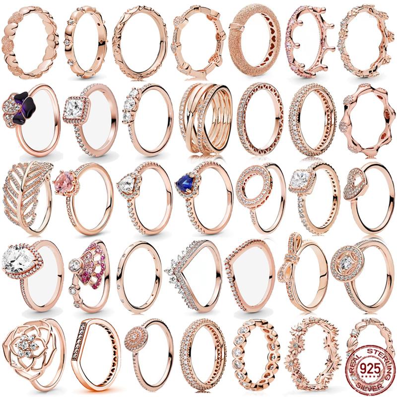 

Cluster Rings Rose Gold Series 925 Sterling Silver Delicate Shiny Petals Cardioid Round Vintage Crown Charm Ring Women's Jewelry Gift