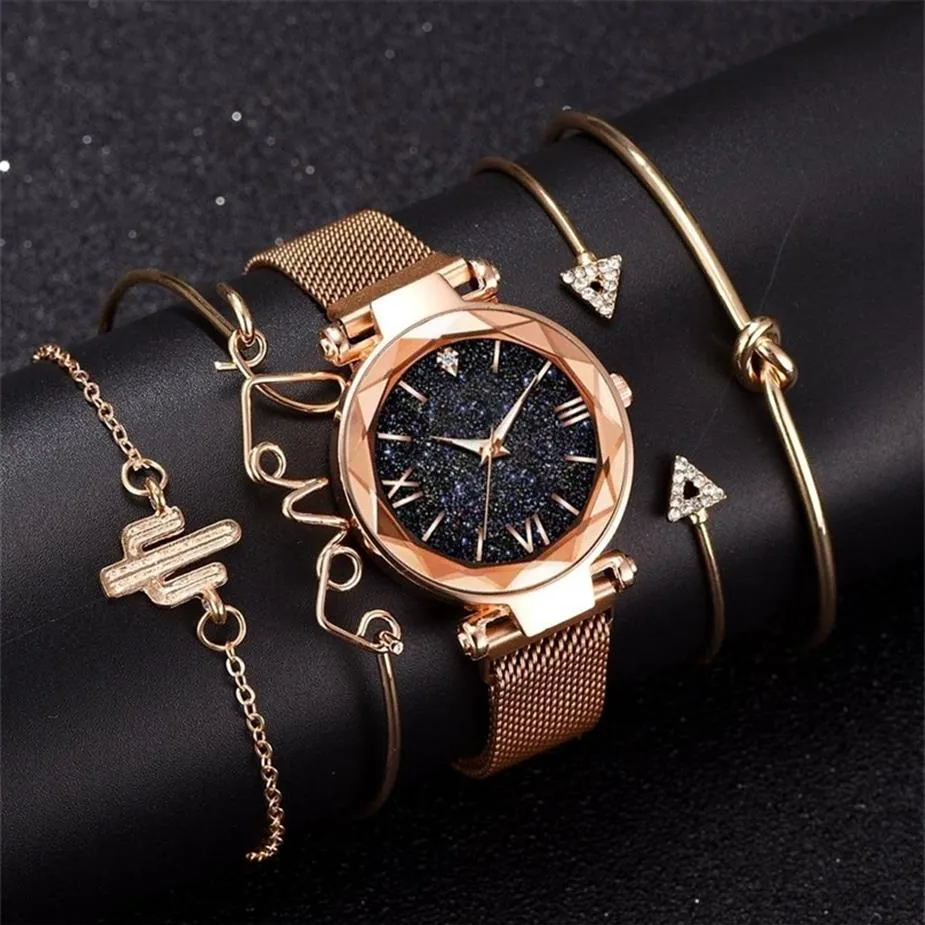 

Fashion Bracelet Watches Women 5 Pcs Set Luxury Rose Gold Lady Watches Starry Sky Magnet Buckle Gift Watch for Female 201204265a, Black