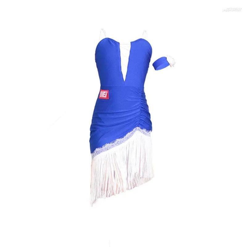 

Stage Wear Striped Neck Sleeveless Tassel Design Kids Latin Dance Dress For Girl Dresses Competition Ballroom Dancing Costume NY10 3019, Blue