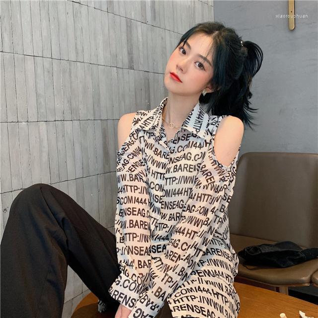 

Women' Blouses EWSFV 2023 Autumn Women Loose Mid-Length Letter Shirt Korean Style Design Sense Off-Shoulder Long Sleeve Lady, White