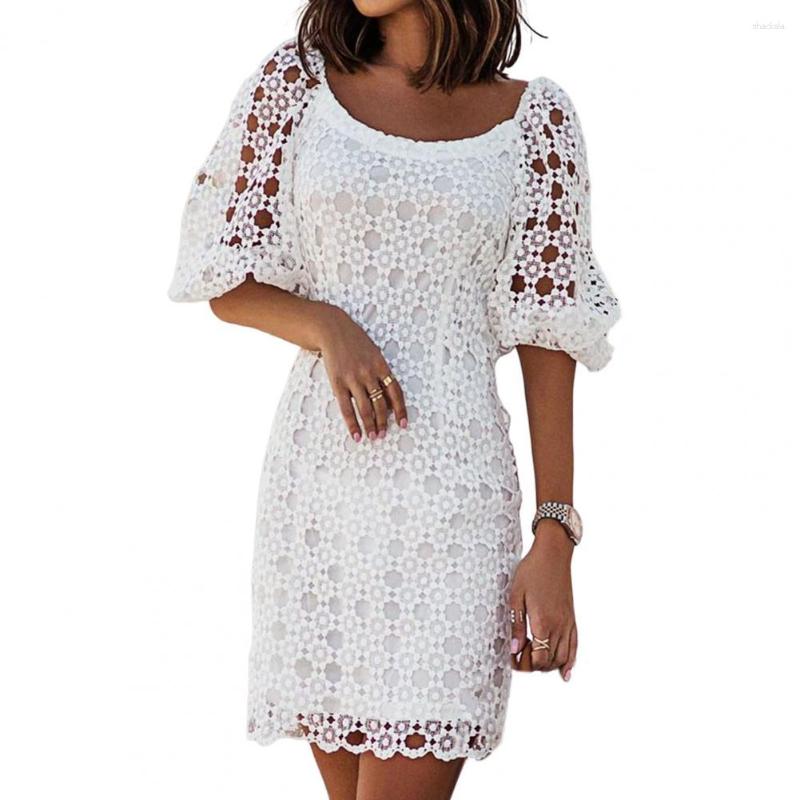 

Casual Dresses Formal Dress Summer Women Hollow Out Lace Patchwork Embroidered Cutout Backless Short Sleeve Crochet Mini, White