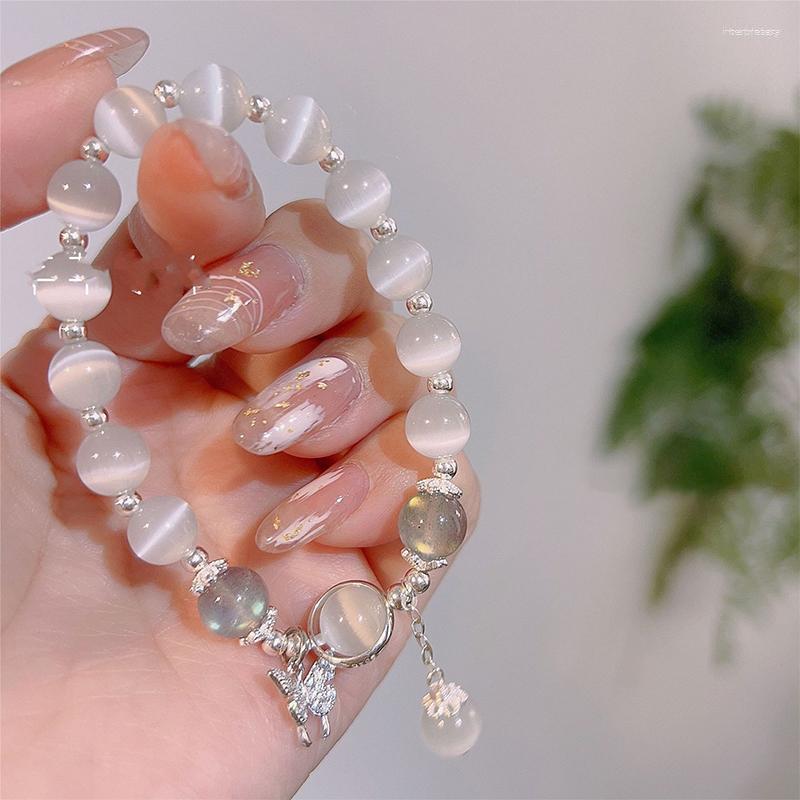 

Link Bracelets Korean Fashion Imitation Opal Bracelet Simple Pendant Ins Moonstone Crystal Bead Moon Jewelry Gifts