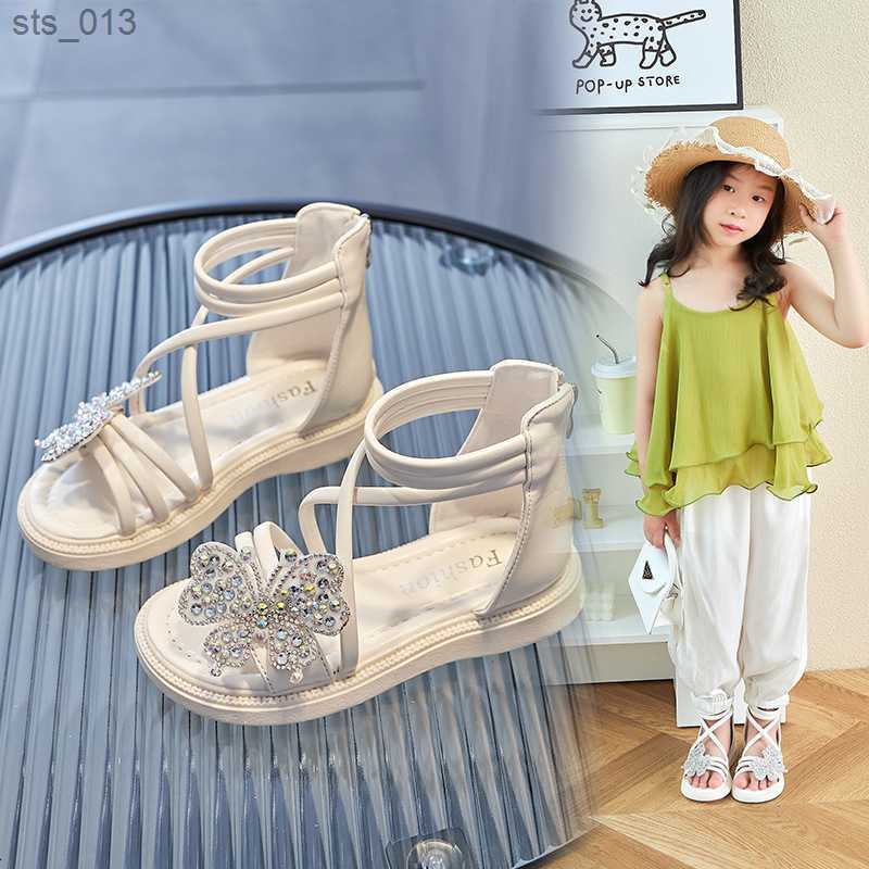 

New Girls Sandals Rhinestone Butterfly Princess Shoes Summer Kid's Roman Sandals Sandy Beach Shoes Fashion Children S Size 21-36 L230518, Beige