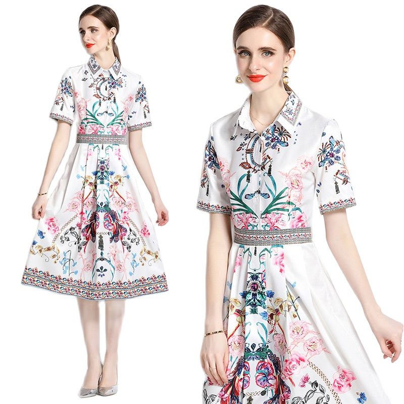 

Summer Lapel Button Front White Shirt Dress 2023 Women Designer Vacation Short Sleeve Floral Printed Slim Party Bow Belted Vintage Long Dresses Ballgown Vestidos