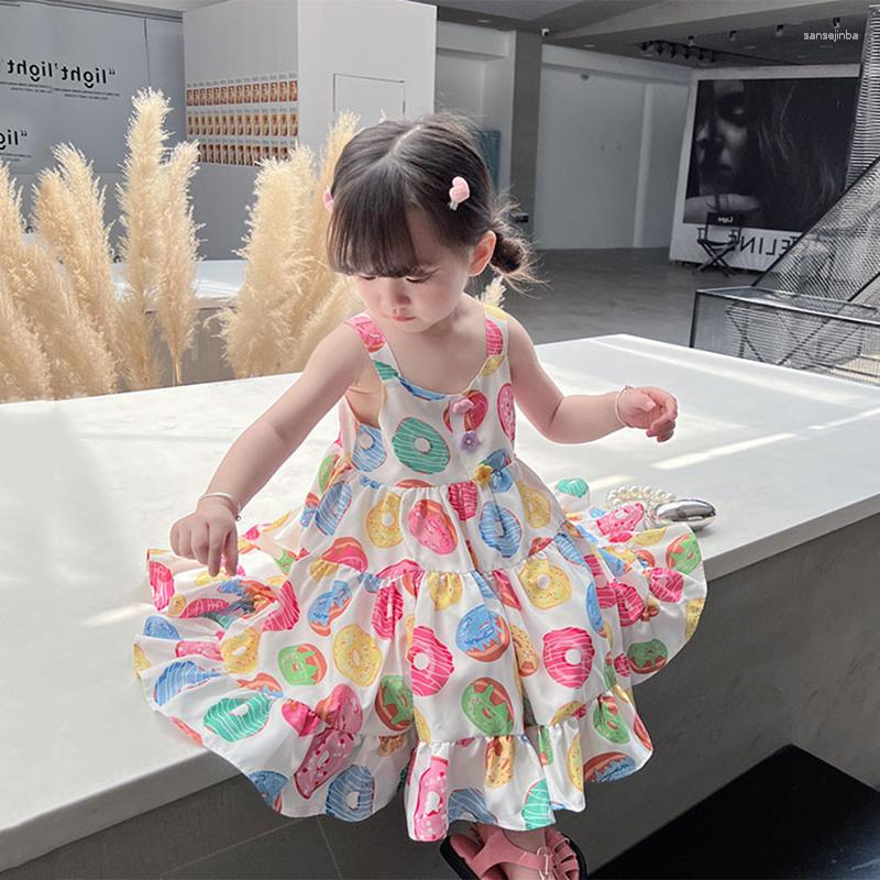 

Girl Dresses Girls Summer Vest Dress Kids Colored Donuts Princess Beach 3-7 Years Cartoon Print Vestidos Children Trendy Clothes, White