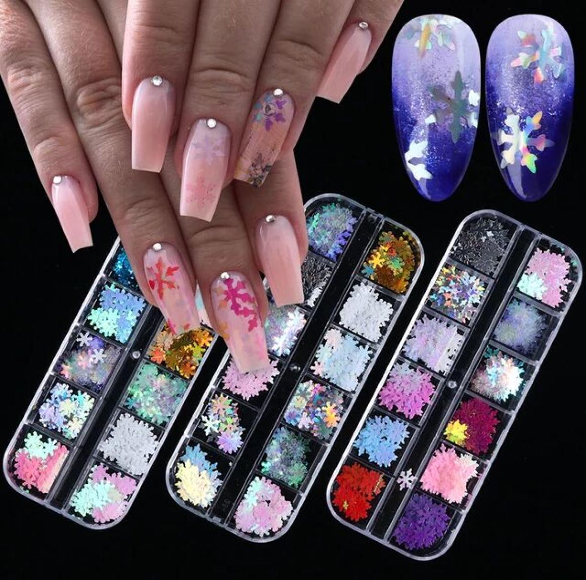 

Mixed 12 Colors Holographic Snowflakes Xmas Nail Sequins Glitter Christmas Nail Art Decorations Stickers 3D Flakes Charms5882568