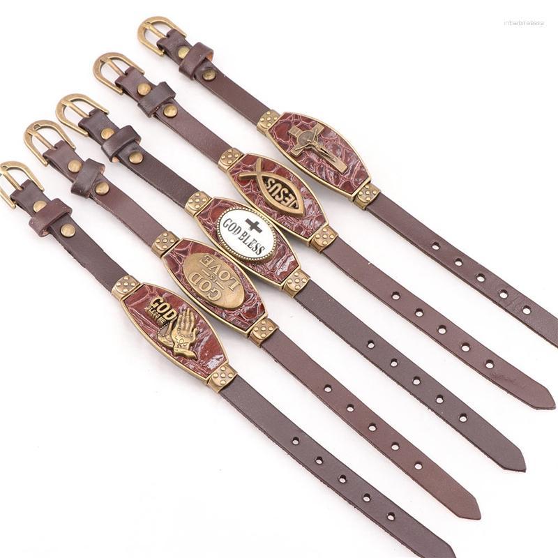 

Bangle Wholesale 5pcs/lot Vintage Jesus Cross God Bless Genuine Leather Bracelets For Men Women Jewelry (Black Brown)