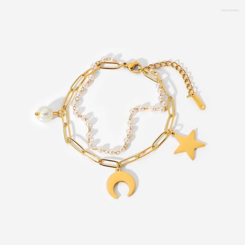 

Link Bracelets Chain Fairy Stainless Steel Moon Star Charm Double Layer Pearl Jewelry 18k Gold Paperclip Women Fashion Accessories Raym22
