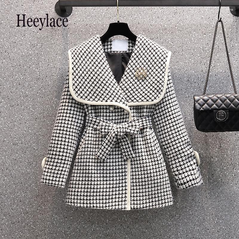 

Women's Jackets Women Autumn Winter Long Sleeve Coats Sailor Collar Plaid Tweed Jacket Korean High Waist Outwear Woolen, Picture