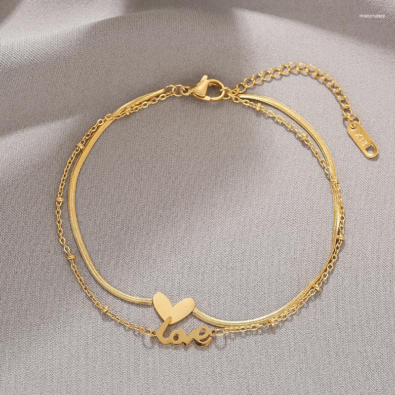 

Link Bracelets Vintage Heart Letter Charm Geometric Stainless Steel Double Layer Chain Fashion Women Jewelry