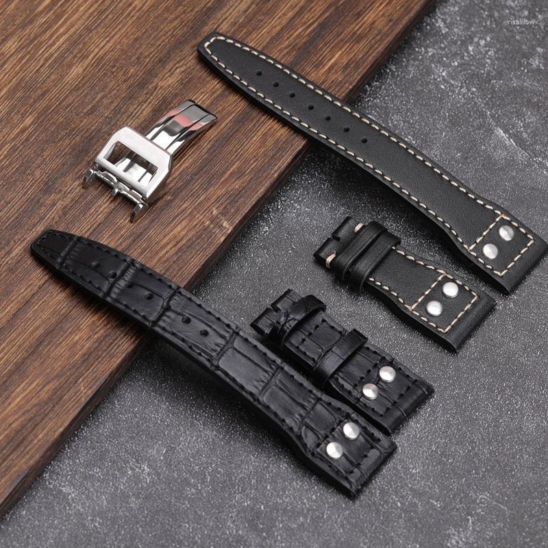 

Watch Bands Handmade Leather Watchband 22-18MM Retro Folding Buckle BBlack First Layer Black Men Strap