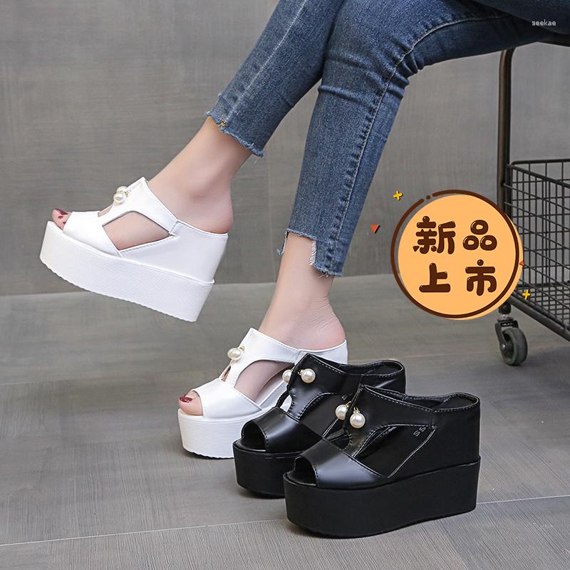 

Slippers Shoes Woman 2023 House Platform Pantofle Heeled Mules Peep Toe On A Wedge Flat High Summer Bonded Leather Slides PU